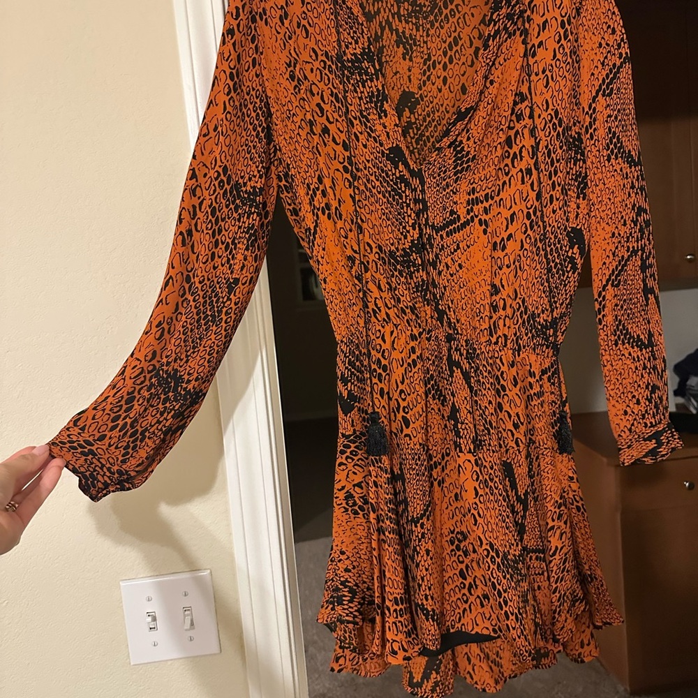 Karina Grimaldi Vibrant Orange and Black Patterned Dress